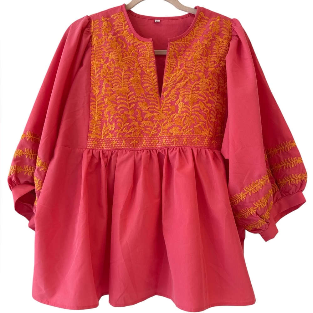 Embroidered Pink Tunic Top with Gold Stitching